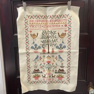 Vintage Cross-Stitch Sampler with Birds and Trees